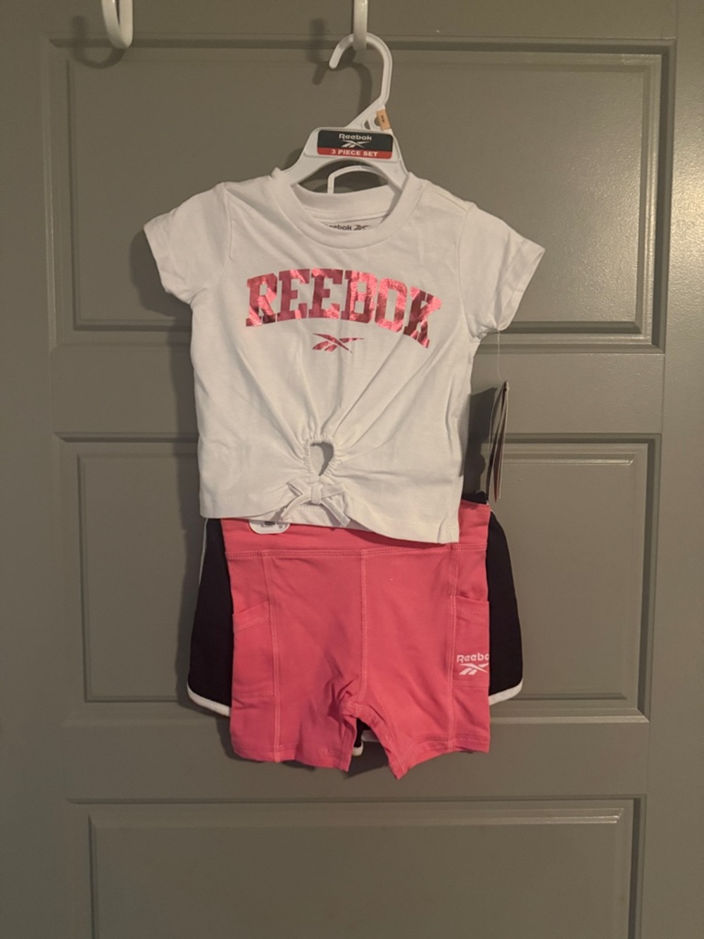 NWT Reebok White Tee with Pink Logo & Pink and Black Shorts Set